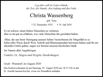 Traueranzeige von Christa Wassenberg von WVW Anzeigenblätter