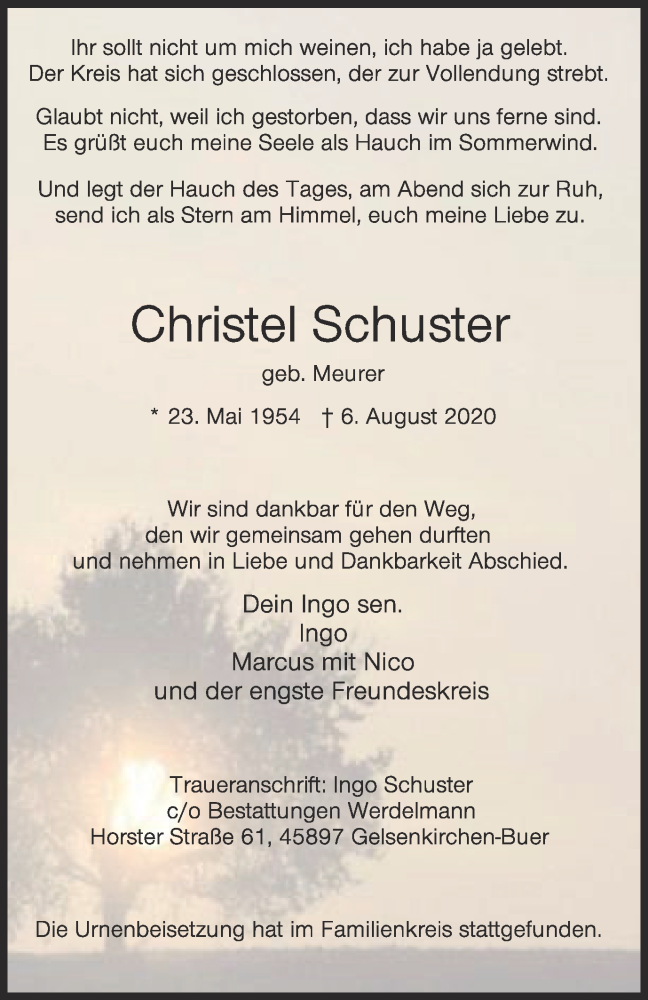  Traueranzeige für Christel Schuster vom 29.08.2020 aus WVW Anzeigenblätter