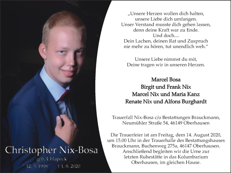  Traueranzeige für Christopher Nix-Bosa vom 08.08.2020 aus WVW Anzeigenblätter