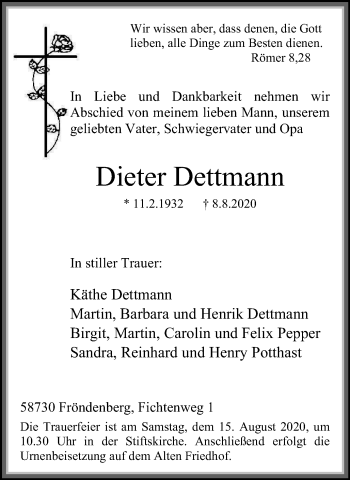 Traueranzeige von Dieter Dettmann von WVW Anzeigenblätter