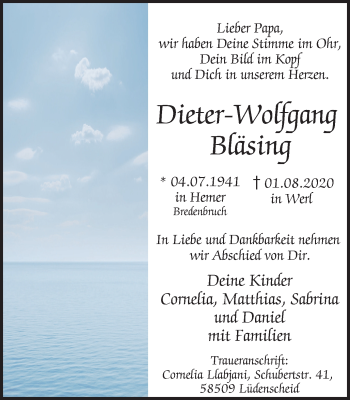 Traueranzeige von Dieter-Wolfgang Bläsing von WVW Anzeigenblätter