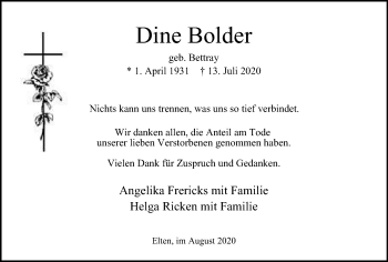 Traueranzeige von Dine Bolder von WVW Anzeigenblätter