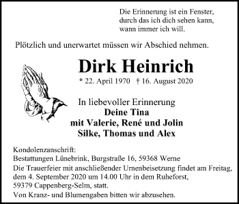 Traueranzeige von Dirk Heinrich von WVW Anzeigenblätter
