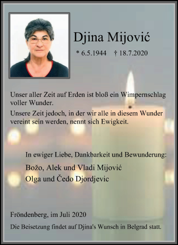 Traueranzeige von Djina Mijovic von WVW Anzeigenblätter
