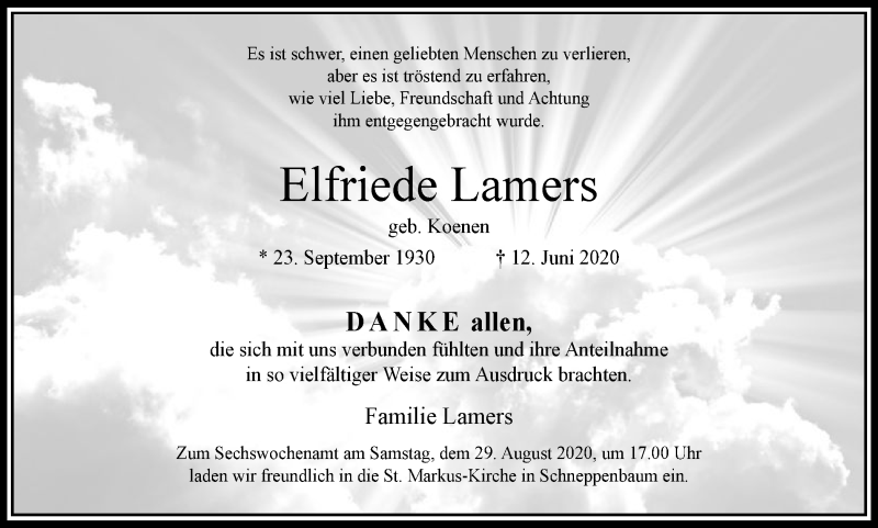  Traueranzeige für Elfriede Lamers vom 22.08.2020 aus WVW Anzeigenblätter