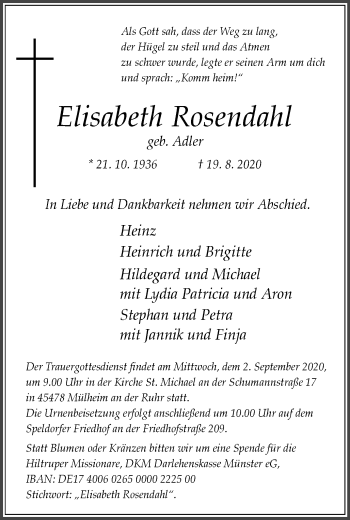 Traueranzeige von Elisabeth Rosendahl von WVW Anzeigenblätter