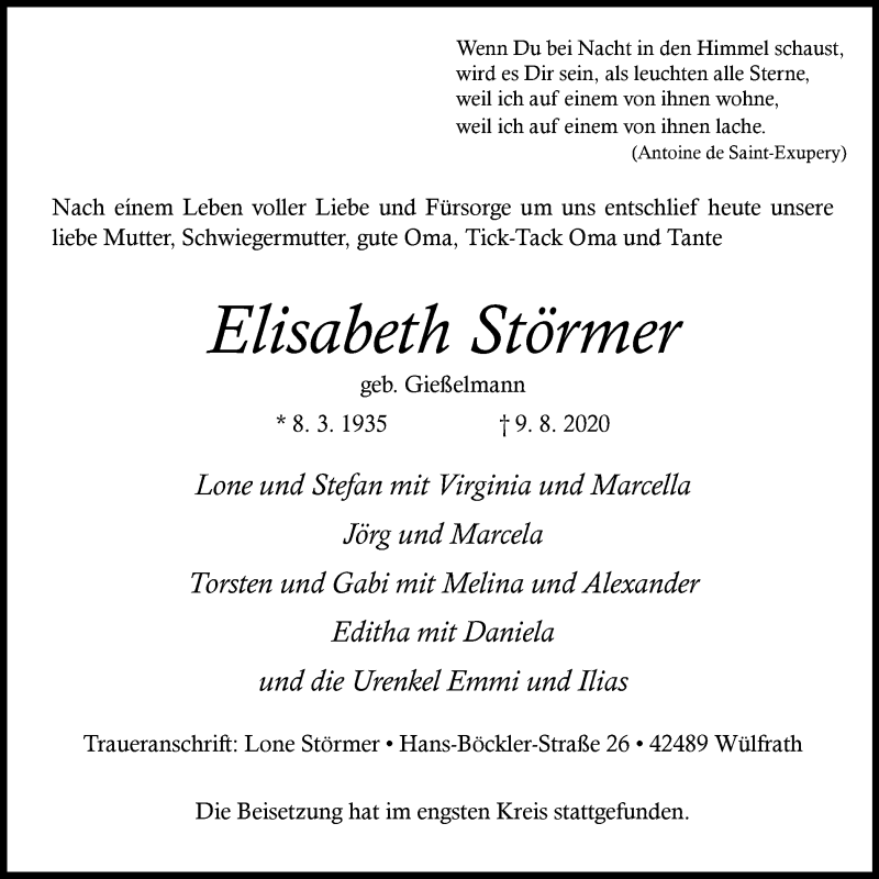 Traueranzeigen von Elisabeth Störmer TrauerinNRW.de