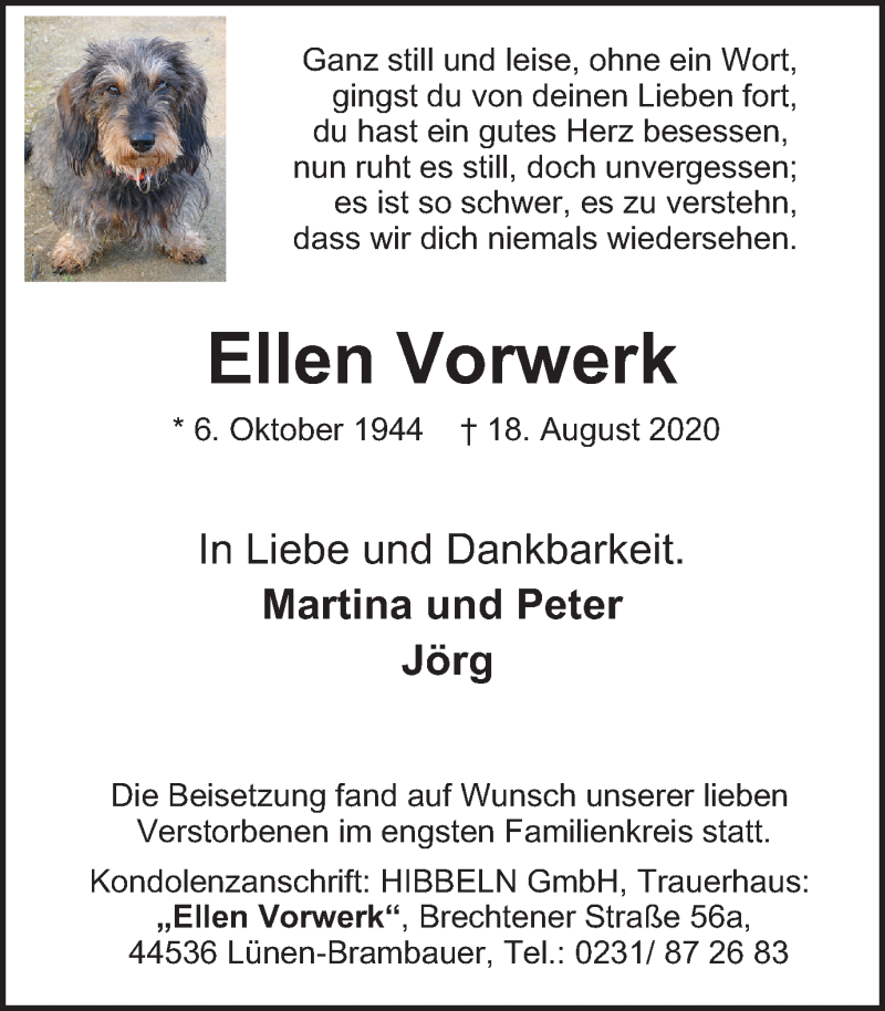  Traueranzeige für Ellen Vorwerk vom 29.08.2020 aus WVW Anzeigenblätter