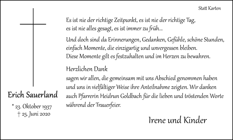  Traueranzeige für Erich Sauerland vom 19.08.2020 aus WVW Anzeigenblätter