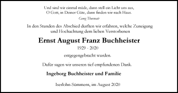 Traueranzeige von Ernst August Franz Buchheister von WVW Anzeigenblätter