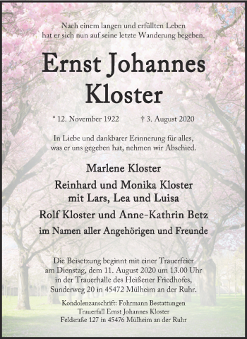 Traueranzeige von Ernst Johannes Kloster von WVW Anzeigenblätter