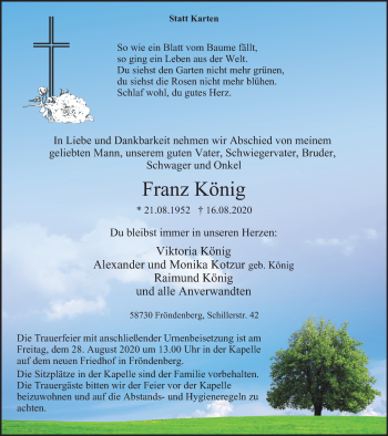 Traueranzeige von Franz König von WVW Anzeigenblätter
