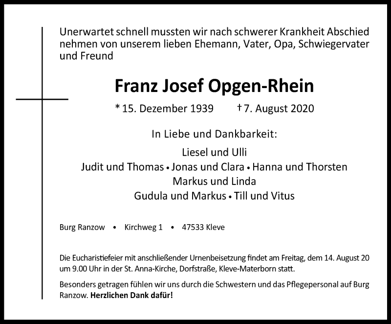  Traueranzeige für Franz Josef Opgen-Rhein vom 12.08.2020 aus WVW Anzeigenblätter
