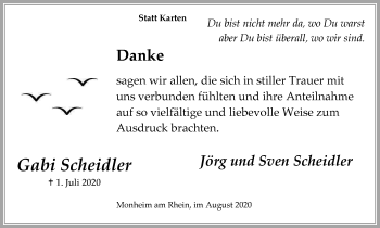 Traueranzeige von Gabi Scheidler von WVW Anzeigenblätter