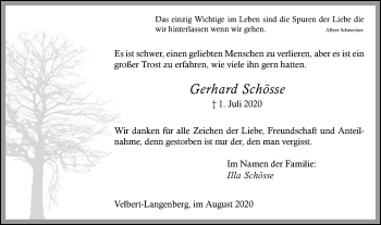 Traueranzeige von Gerhard Schösse von WVW Anzeigenblätter