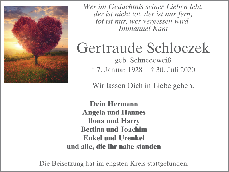  Traueranzeige für Gertraude Schloczek vom 08.08.2020 aus WVW Anzeigenblätter