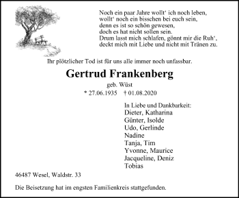 Traueranzeige von Gertrud Frankenberg von WVW Anzeigenblätter