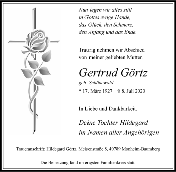 Traueranzeige von Gertrud Görtz von WVW Anzeigenblätter