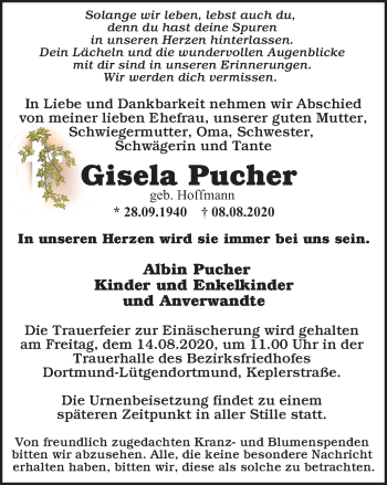 Traueranzeige von Gisela Pucher von WVW Anzeigenblätter