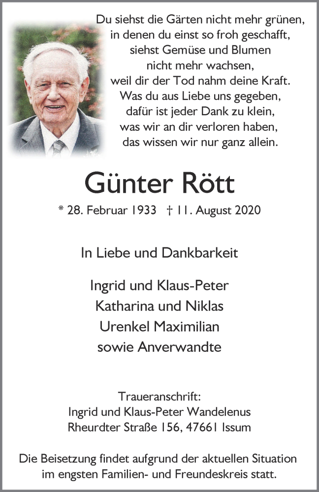  Traueranzeige für Günter Rött vom 26.08.2020 aus WVW Anzeigenblätter