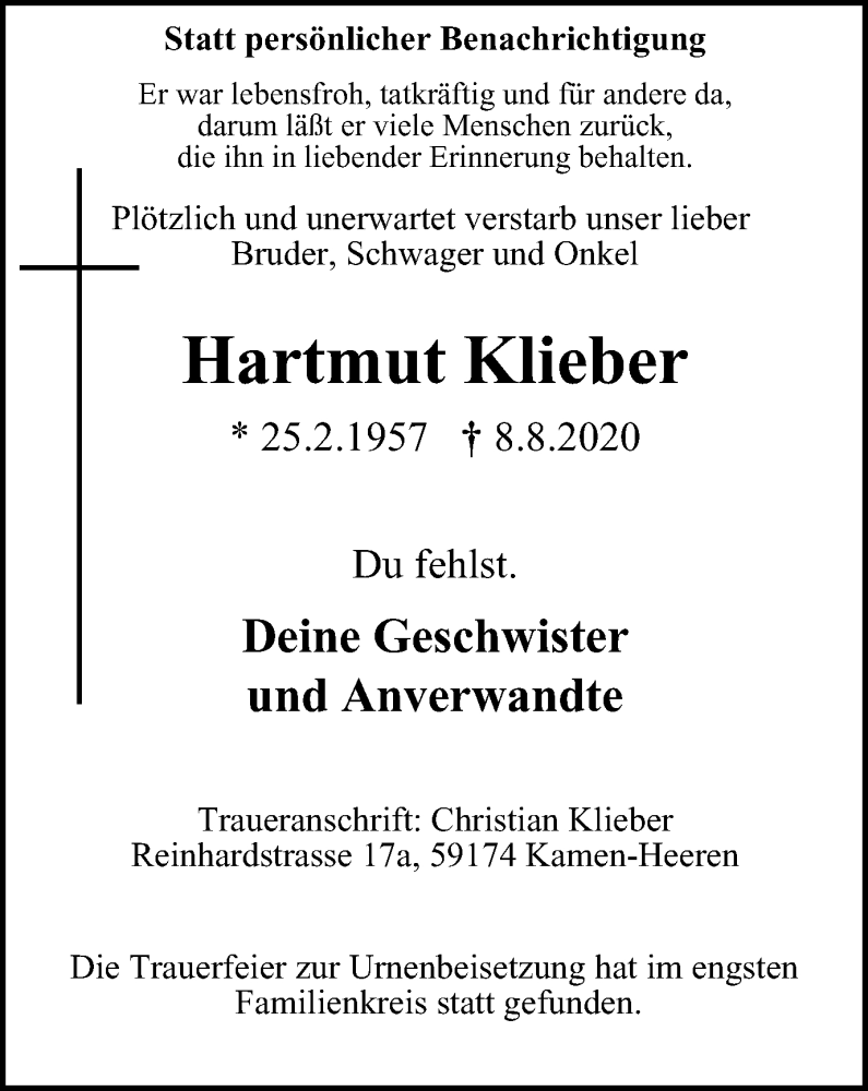  Traueranzeige für Hartmut Klieber vom 26.08.2020 aus WVW Anzeigenblätter