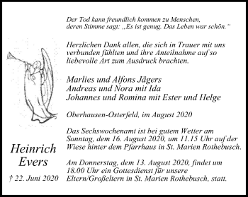 Traueranzeige von Heinrich Evers von WVW Anzeigenblätter