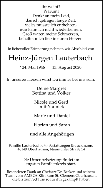 Traueranzeige von Heinz-Jürgen Lauterbach von WVW Anzeigenblätter