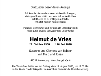 Traueranzeige von Helmut de Vries von WVW Anzeigenblätter