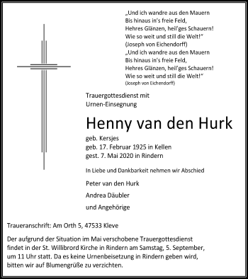 Traueranzeige von Henny van den Hurk von WVW Anzeigenblätter