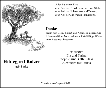Traueranzeige von Hildegard Balzer von WVW Anzeigenblätter