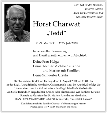 Traueranzeige von Horst Charwat von WVW Anzeigenblätter