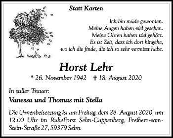 Traueranzeige von Horst Lehr von WVW Anzeigenblätter