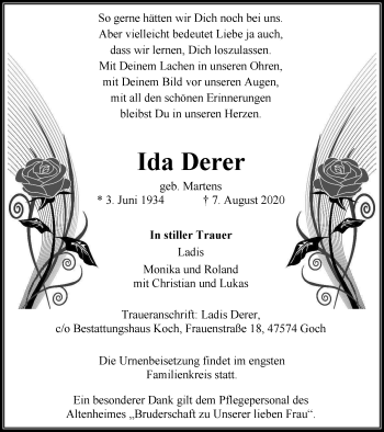 Traueranzeige von Ida Derer von WVW Anzeigenblätter