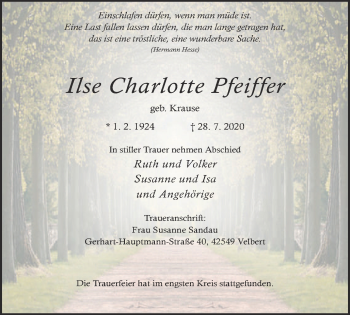 Traueranzeige von Ilse Charlotte Pfeiffer von WVW Anzeigenblätter