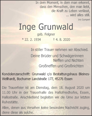 Traueranzeige von Inge Grunwald von WVW Anzeigenblätter