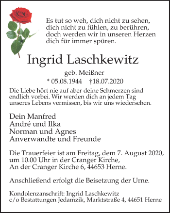 Traueranzeige von Ingrid Laschkewitz von WVW Anzeigenblätter
