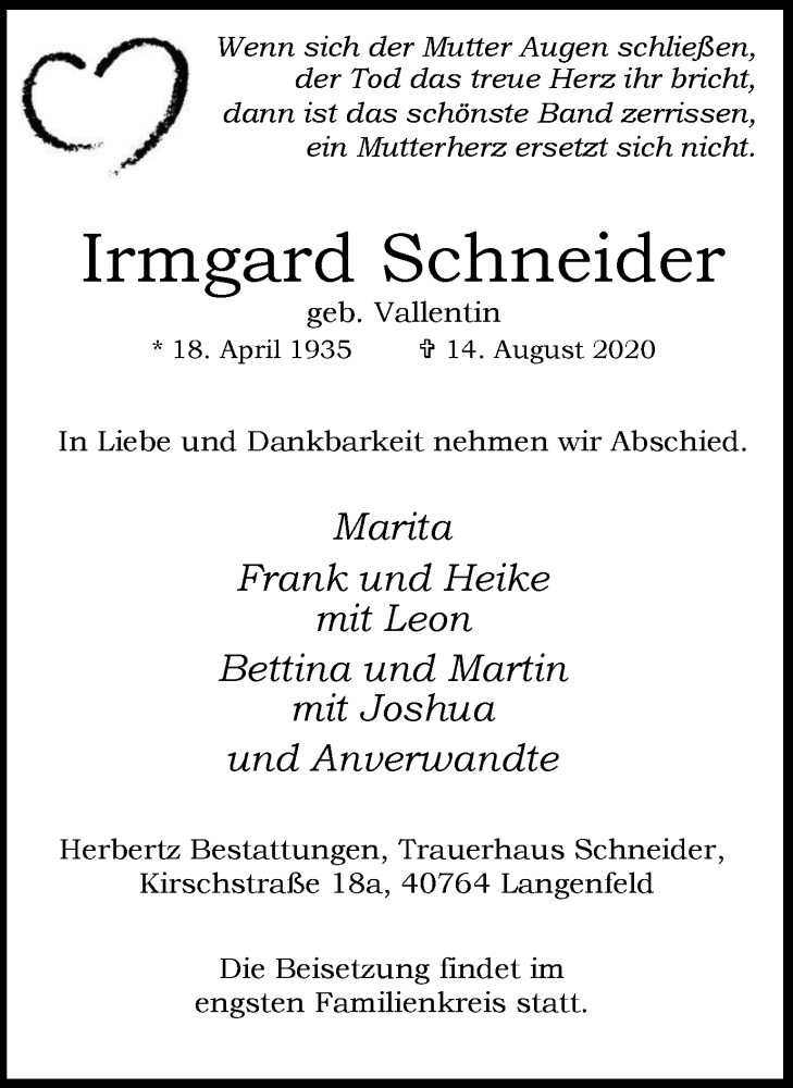  Traueranzeige für Irmgard Schneider vom 22.08.2020 aus WVW Anzeigenblätter