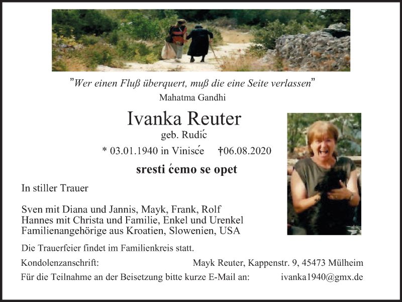  Traueranzeige für Ivanka Reuter vom 15.08.2020 aus WVW Anzeigenblätter