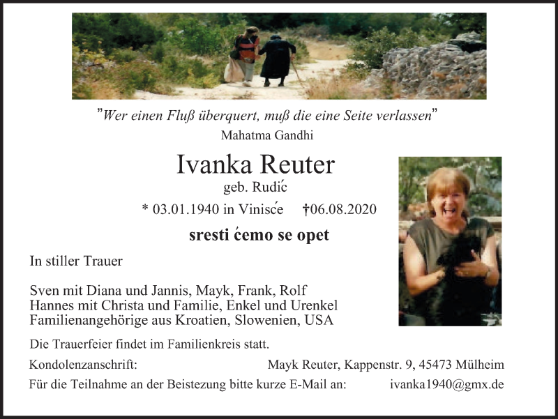  Traueranzeige für Ivanka Reuter vom 12.08.2020 aus WVW Anzeigenblätter
