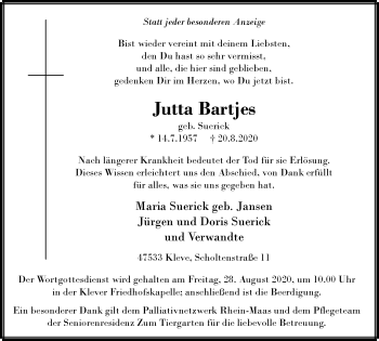 Traueranzeige von Jutta Bartjes von WVW Anzeigenblätter