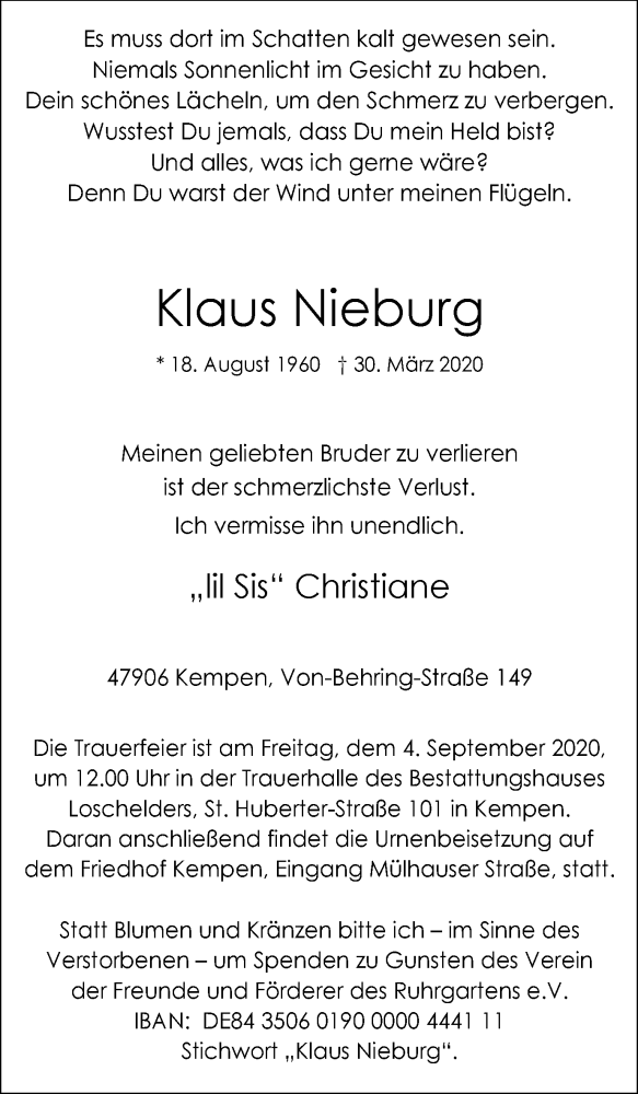  Traueranzeige für Klaus Nieburg vom 29.08.2020 aus WVW Anzeigenblätter