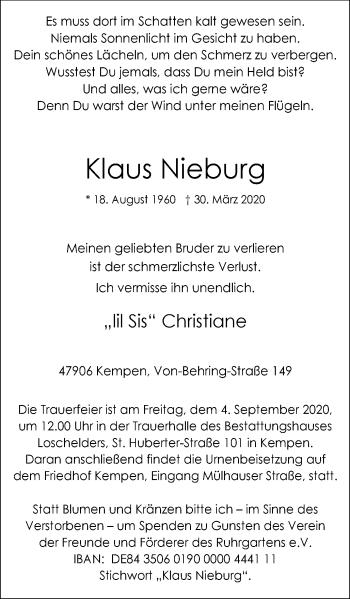 Traueranzeige von Klaus Nieburg von WVW Anzeigenblätter