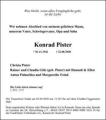 Traueranzeige von Konrad Pister von WVW Anzeigenblätter