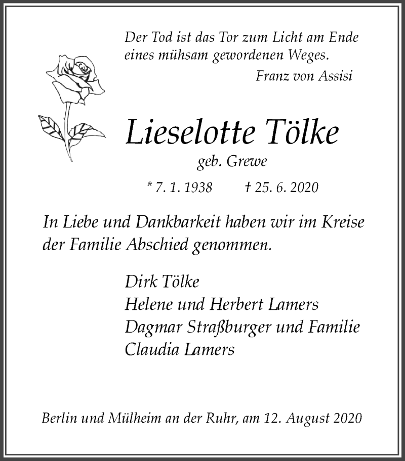  Traueranzeige für Lieselotte Tölke vom 12.08.2020 aus WVW Anzeigenblätter