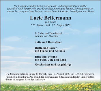 Traueranzeige von Lucie Beltermann von WVW Anzeigenblätter