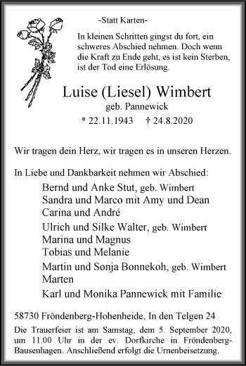 Traueranzeige von Luise Wimbert von WVW Anzeigenblätter