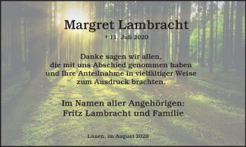Traueranzeige von Margret Lambracht von WVW Anzeigenblätter