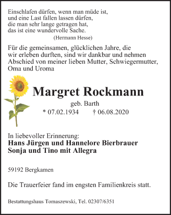 Traueranzeige von Margret Rockmann von WVW Anzeigenblätter