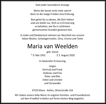 Traueranzeige von Maria van Weelden von WVW Anzeigenblätter