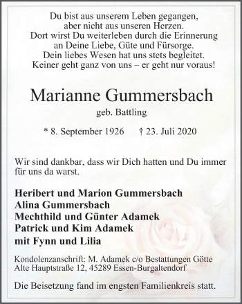 Traueranzeige von Marianne Gummersbach von WVW Anzeigenblätter